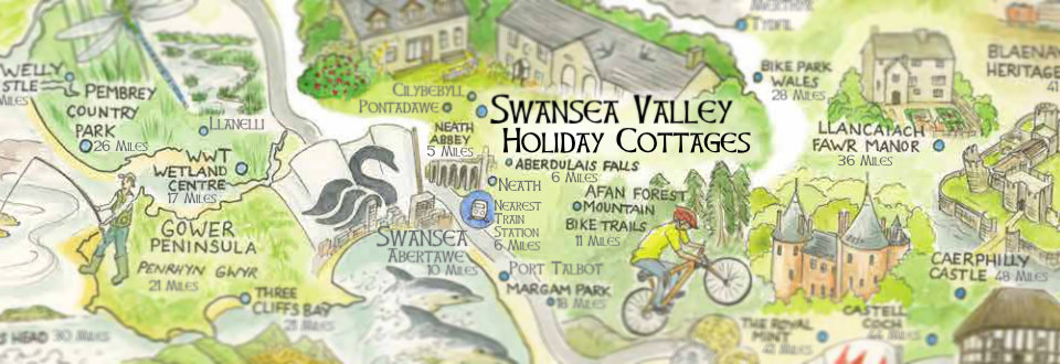 Close up of hand-drawn area map - Swansea Valley Holiday Cottages